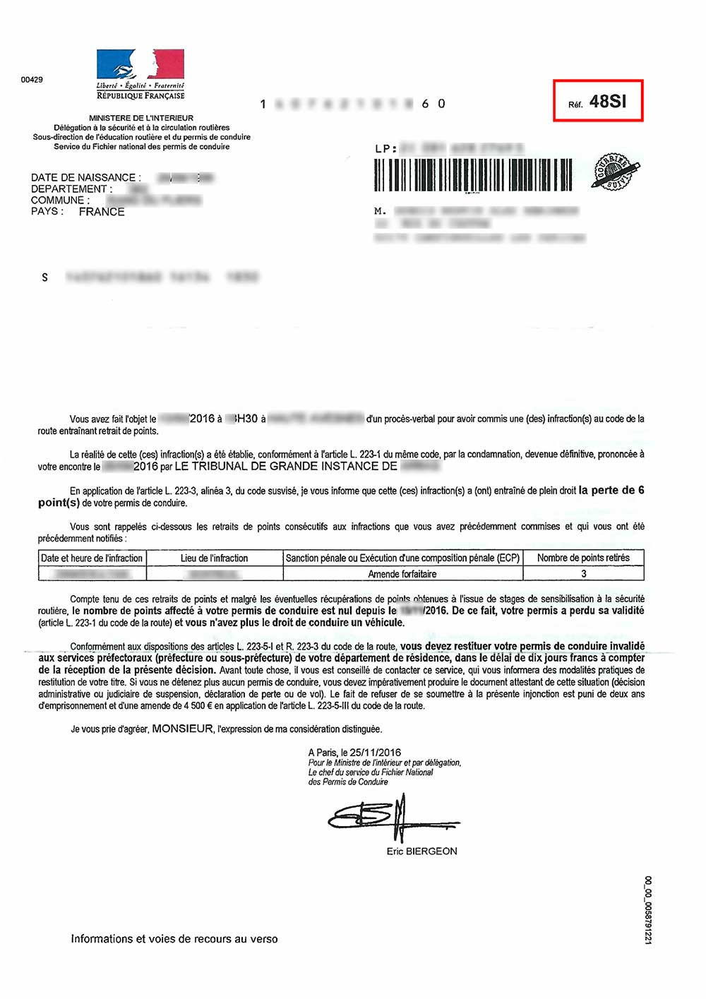 lettre 48SI permis invalidé