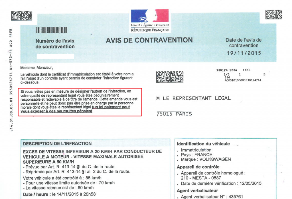 avis de contravention - voiture de société